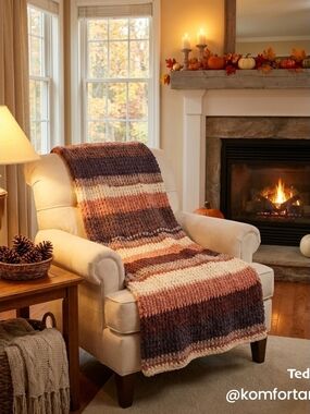 Cozy Striped Knit Throw Blanket - Neutral & Rust Tones